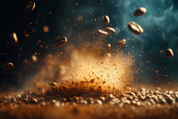 Poster - Coffee beans exploding in a cloud of dust and aroma in a dark, moody kitchen setting