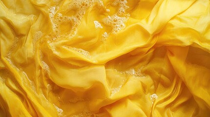Poster - A close-up view of a yellow cloth with soap suds and air bubbles