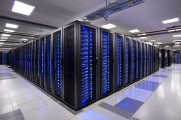 Poster - Modern data center with rows of server racks and glowing lights in a controlled environment