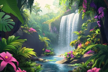 Poster - Lush tropical landscape with vibrant flowers and a cascading waterfall during daylight