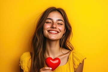 Poster - A woman holds a red heart in front of her face, possibly hiding emotions or embarrassment