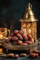 Poster - A bowl of fresh dates on a table beside a lantern, perfect for a cozy dinner or outdoor gathering
