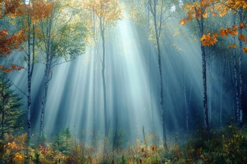 Poster - Sunlight streams through trees in a serene forest during autumn morning hours