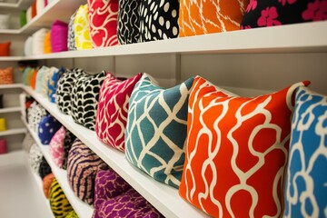 Poster - Brightly colored decorative pillows arranged neatly on shelves in a modern home decor store