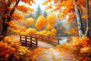 Poster - vibrant autumn colors surround a peaceful wooden bridge by a tranquil stream in a serene forest sett