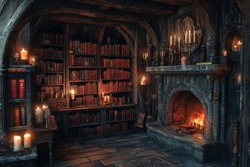 Poster - Cozy candlelit library with wooden shelves and a fireplace in an enchanted setting