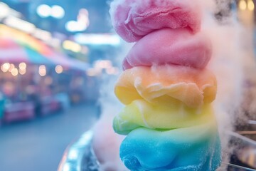 Aufkleber - Colorful cotton candy stacked high at a festive market during evening hours