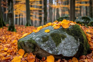 Poster - Colorful autumn leaves resting on a moss-covered stone in a serene forest setting