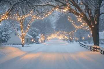 Aufkleber - Picturesque winter street adorned with soft glowing lights in a snow-covered neighborhood