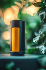 Poster - A bright yellow and black cup sitting on top of a table, perfect for adding a pop of color to any scene