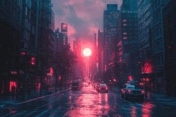 Poster - City skyline at sunset with vibrant hues reflecting off wet streets and urban architecture