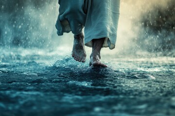 Poster - A person wading through the rain with their feet submerged in water, a common scene for many outdoor enthusiasts