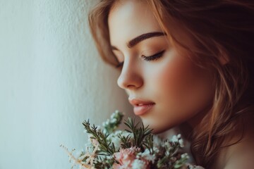 Poster - A woman holds a bouquet of flowers against a wall
