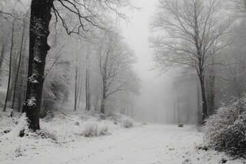 Poster - Snow-covered forest pathway invites exploration on a foggy winter day