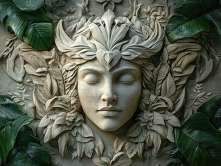 Poster - A sculpture of a woman's face surrounded by leaves, suitable for use in art or design projects