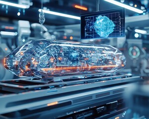 Poster - A futuristic floating hospital with a holographic map above it.