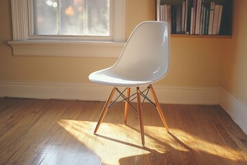 Poster - Stylish white chair positioned in a sunlit room with wooden floor and bookshelf in background