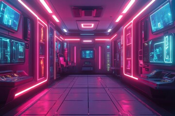 Poster - Futuristic hallway with neon lights and advanced technology displays in a modern sci-fi setting