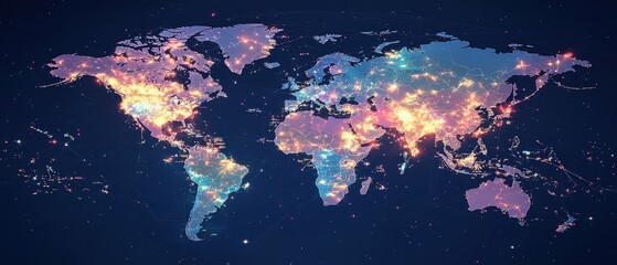 Poster - Colorful World Map with Bright Lights and Starry Background