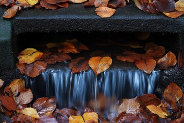 Poster - colorful autumn leaves resting on a serene waterfall in a tranquil park setting during fall season