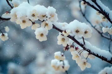 Poster - A snow-covered tree branch adorned with white flowers, perfect for winter scenes and nature-inspired designs
