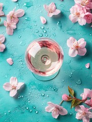 Aufkleber - A delicate arrangement of pink flowers surrounds a glass of rose wine