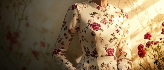 Aufkleber - A woman in a floral dress standing in front of a wall, a simple yet elegant scene
