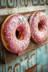 Poster - Freshly baked pink donuts with colorful sprinkles placed on a natural wooden board, perfect for food photography or social media posts