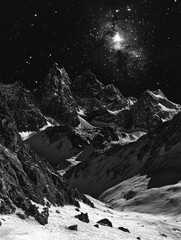 Poster - A black and white photograph of a snowy mountain landscape