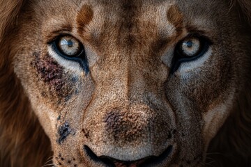 Aufkleber - Close-up of a majestic lion displaying intense gaze and intricate fur details in natural habitat during golden hour