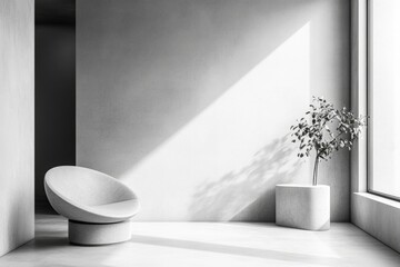 Poster - A simple still life setup featuring a chair and a plant in monochrome tones