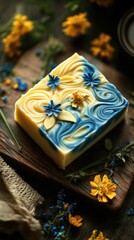 Poster - A blue and yellow soap sits atop a wooden cutting board, ready for use