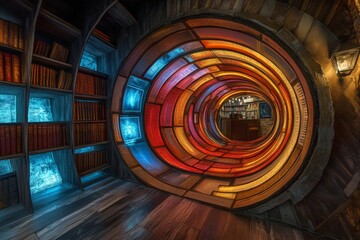 Poster - Colorful circular passageway with illuminated bookshelves inside a cozy library setting in the evening