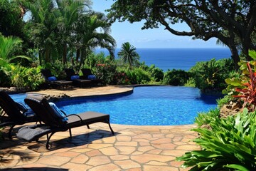 Poster - Relaxation by the pool overlooking the ocean in a tropical paradise during a sunny day