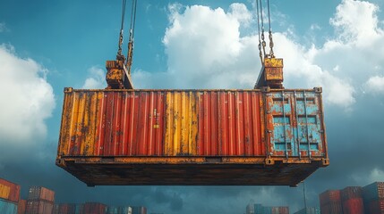 Poster - A colorful shipping container is suspended in a bright sky, showcasing the industrial processes of transportation and logistics.