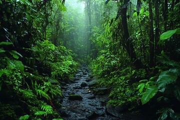 Aufkleber - Lush rainforest path illuminated by gentle sunlight filtering through dense greenery during a misty afternoon
