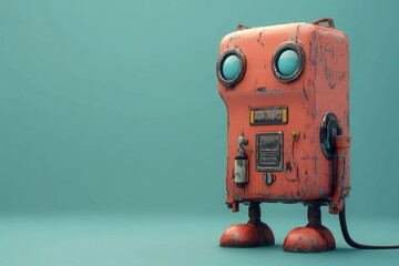 Poster - Unique rusty robot character with large eyes and quirky features poses against a teal background