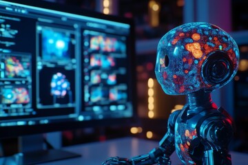 Fototapete - Robot interacts with digital display showcasing advanced technology and colorful graphics at a high-tech workspace