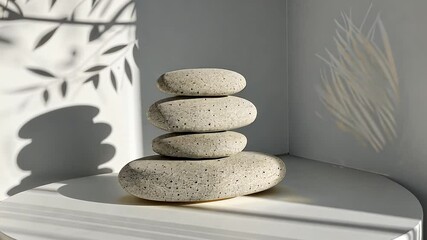 Poster - smooth stones stacked in minimalist setting with soft shadows of leaves and plants on white surface,