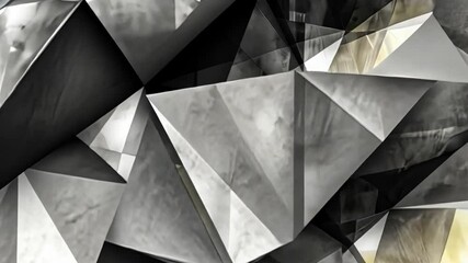 Poster - abstract geometric composition with overlapping metallic and glass triangular shapes creating dynami