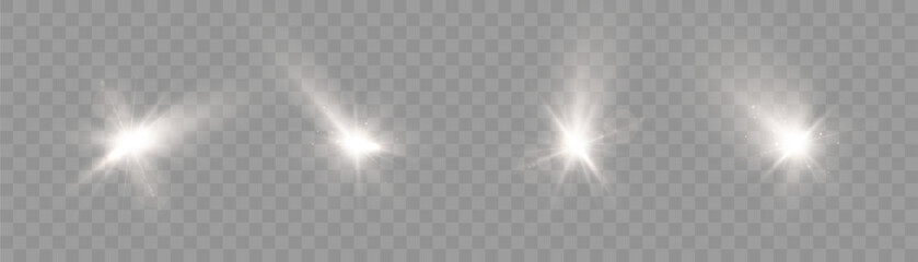 Leinwandbilder - Flashes of white light on transparent background. Vector glow effect of flickering glare. Abstract ignition of lens flare.