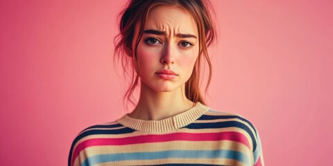 Poster - A person wearing a striped sweater looks directly at the camera