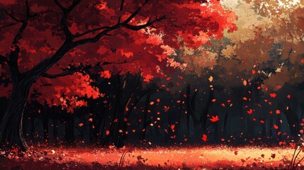 Red autumn leaves falling forest digital art background