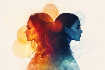 Aufkleber - Two women silhouette in contrasting warm and cool colors expressing different emotions and feelings in artistic representation