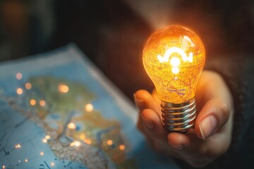 Poster - A person holds a light bulb against a background of a city or town map, possibly indicating direction or guidance