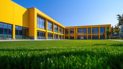Poster - A simple yellow building surrounded by lush green grass