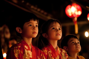 Aufkleber - Children in traditional attire enjoy a festival under lantern lights during a nighttime celebration