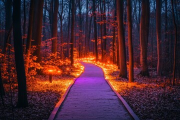 Poster - Pathway illuminated by warm lights through a mystical forest during twilight hours