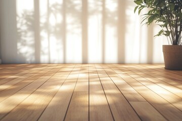 Poster - A small potted plant sits on a wooden floor next to an open window, with natural light pouring in