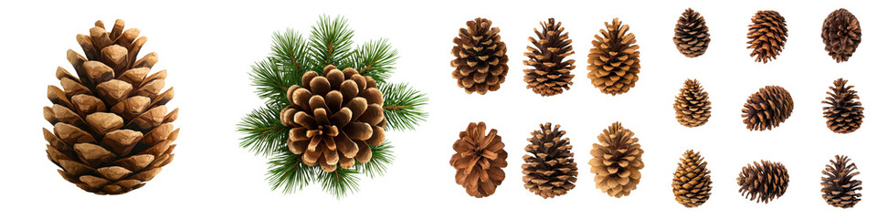 collection of various pine cones and pine tree branches arranged in a natural rustic setting